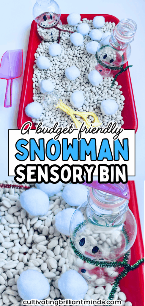 Snowman Sensory Bin - Cultivating Brilliant Minds a snowman sensory bin using beans and cotton balls and decorated bottles to look like snowmen