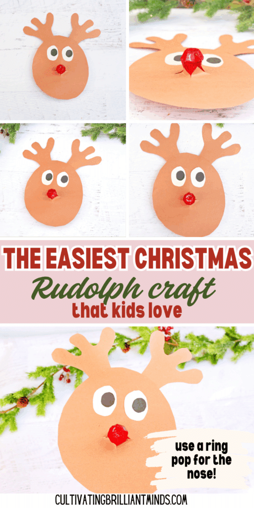 Rudolph Ring Pop Craft - Cultivating Brilliant Minds a reindeer craft made of construction paper using a ring pop as the nose