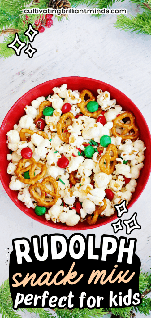 Rudolph Snack Mix - Cultivating Brilliant Minds rudolph popcorn snack mix with pretzels and m&ms in a bowl