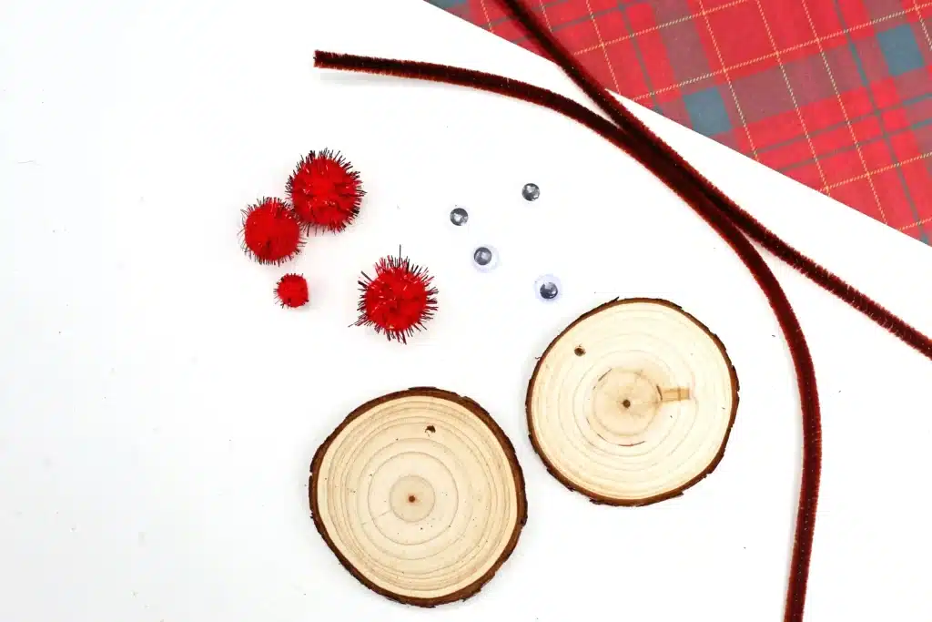 Rudolph Wood Slice Ornament - Cultivating Brilliant Minds wood slices, googly eyes, red pom poms, and brown pipe cleaners