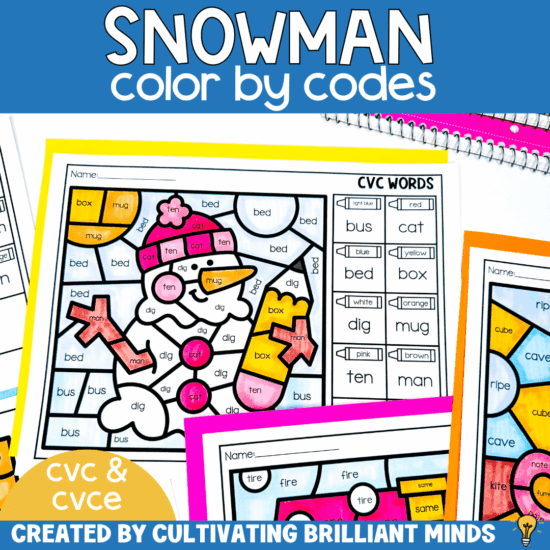 snowman themed color by codes to practice cvc and cvce words