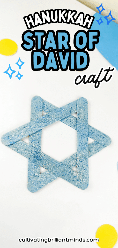 Star of David Hanukkah Craft - Cultivating Brilliant Minds blue popsicle sticks with blue and silver glitter glued together to look like the star of david