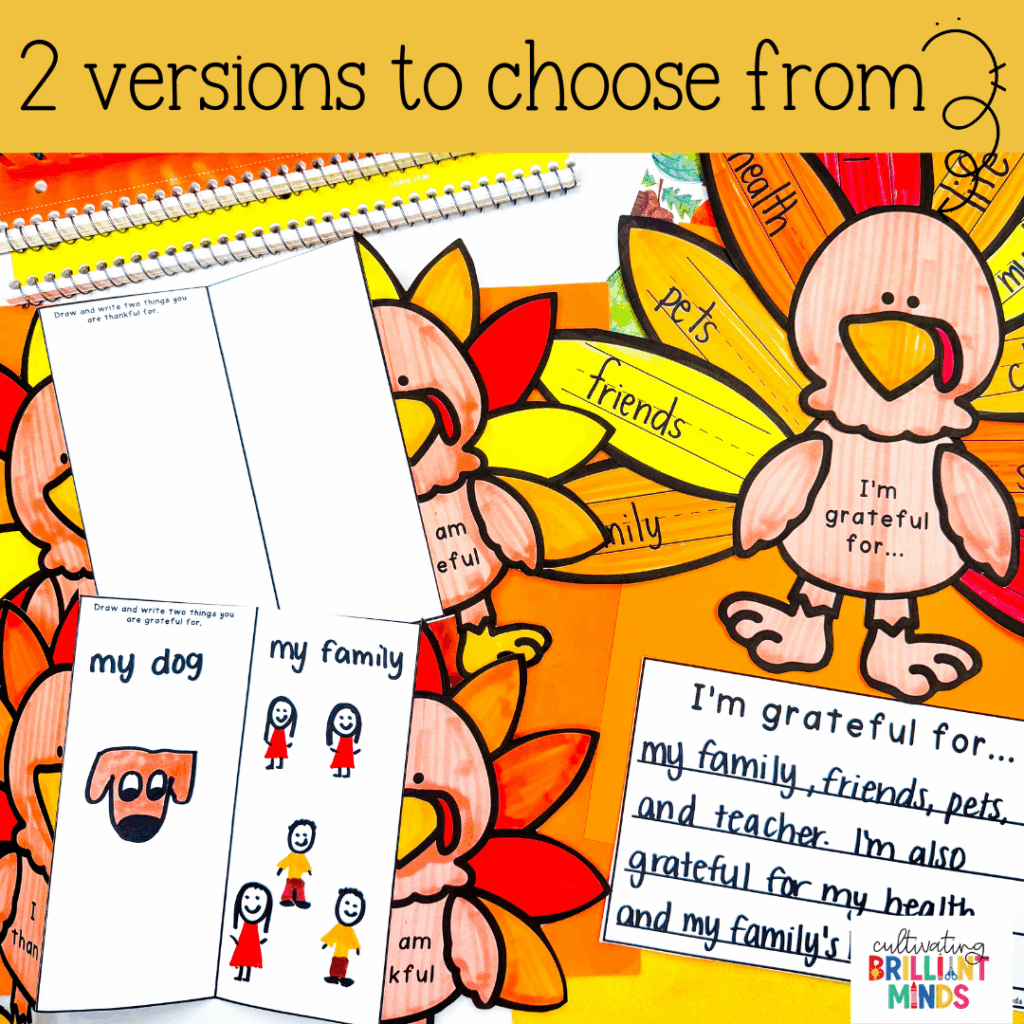 a turkey craft where students write what they are thankful for on the feathers