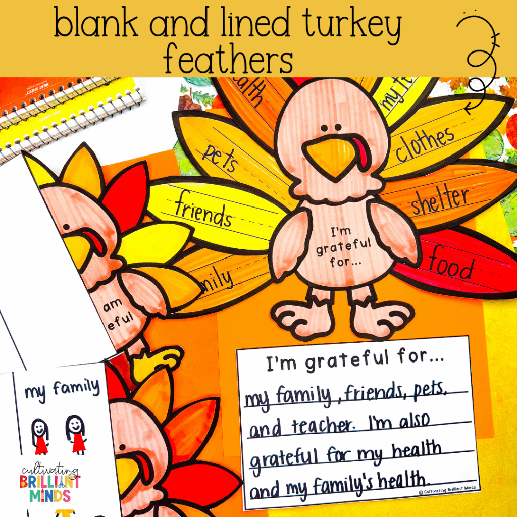 a turkey craft where students write what they are thankful for on the feathers