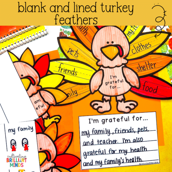 a turkey craft where students write what they are thankful for on the feathers