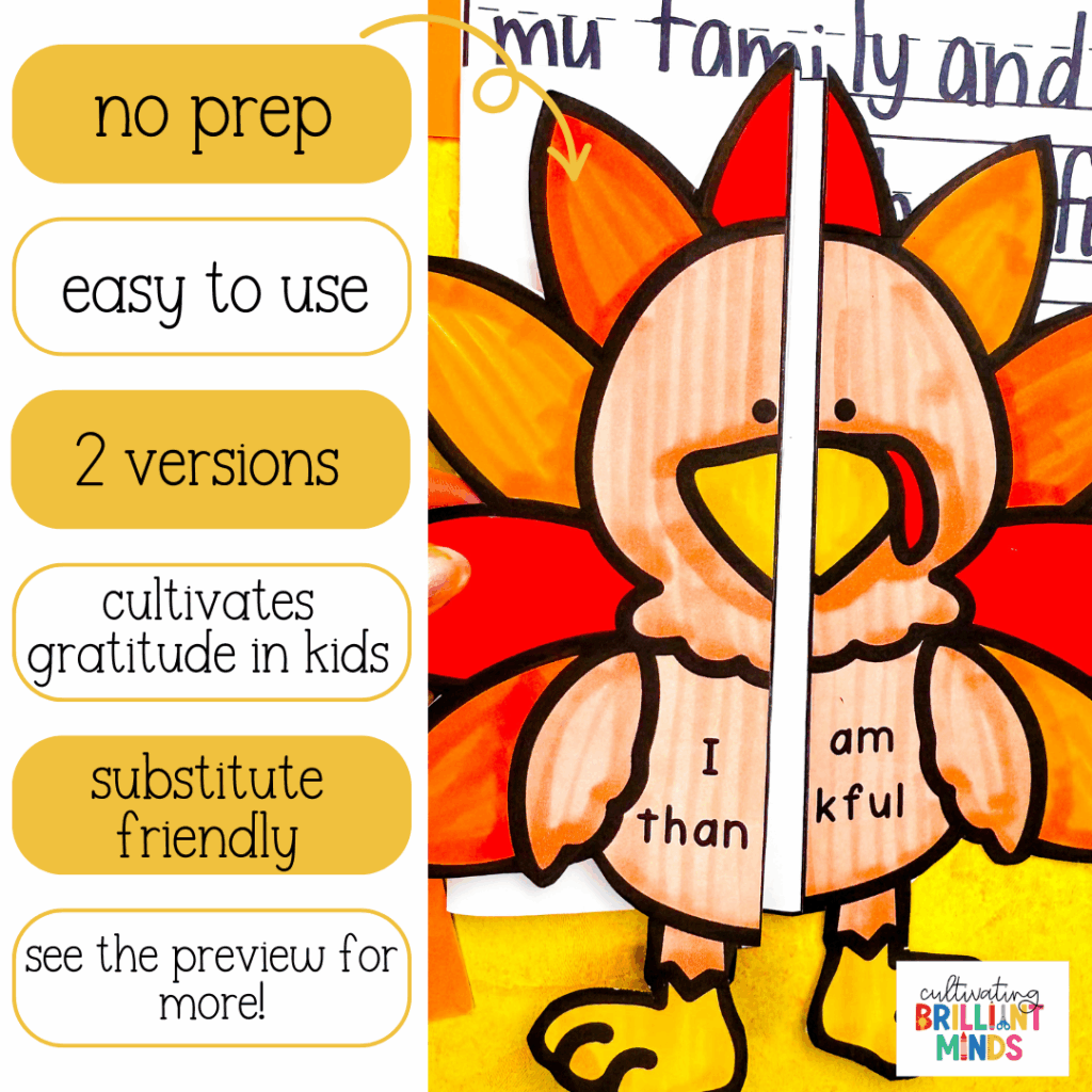 a turkey craft where students write what they are thankful for on the feathers