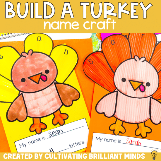 A turkey craft where students write the letters in their names on the feathers