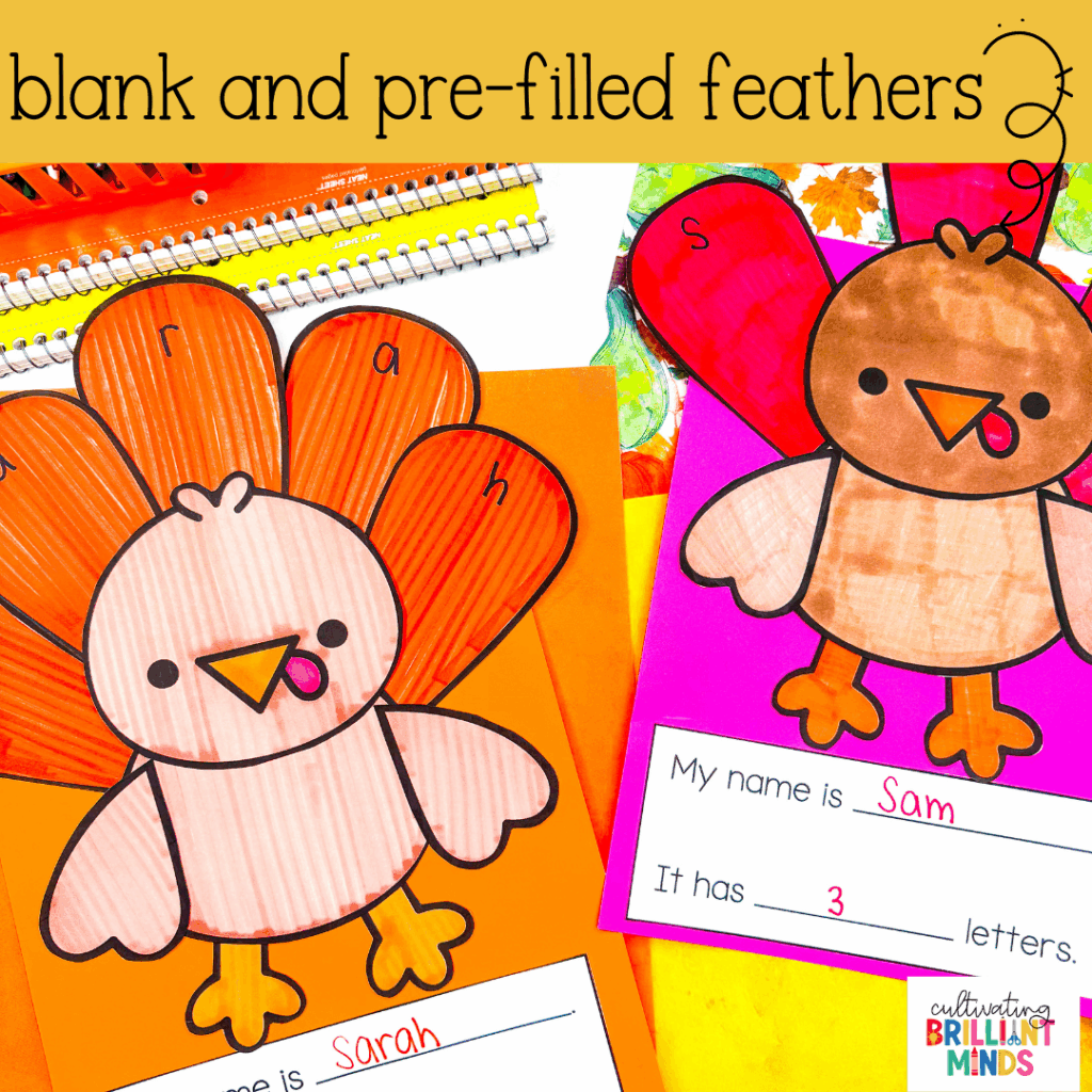 A turkey craft where students write the letters in their names on the feathers