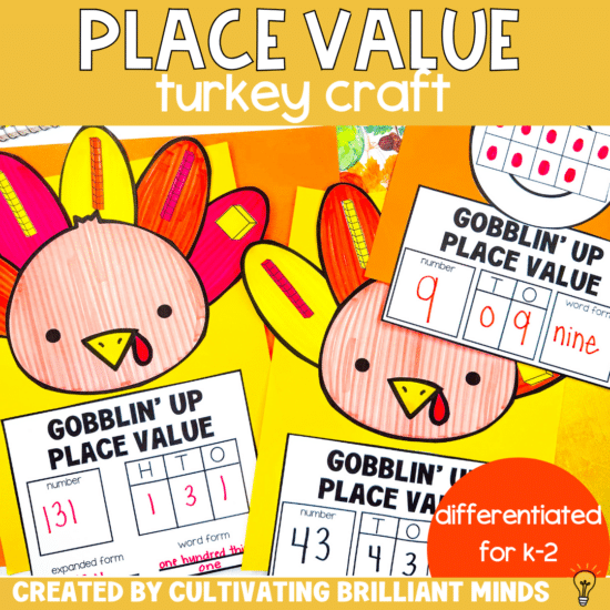 a turkey craft that has base ten blocks on the feathers to practice place value