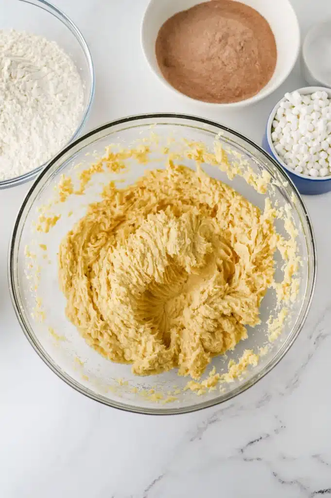 Hot Chocolate Cookies - Cultivating Brilliant Minds butter, sugar, and egg beated in a bowl