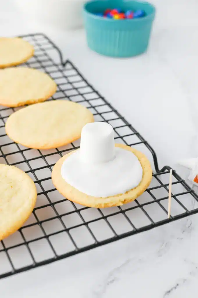 Melted Snowman Cookies - Cultivating Brilliant Minds a sugar cookie with icing and a marshmallow on top to look like a melted snowman