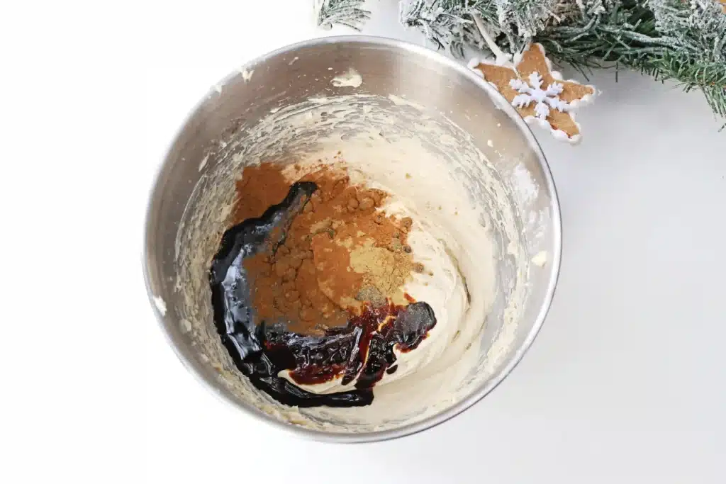 Gingerbread Dip - Cultivating Brilliant Minds molasses, brown sugar, powdered sugar, and cream cheese in a mixing bowl