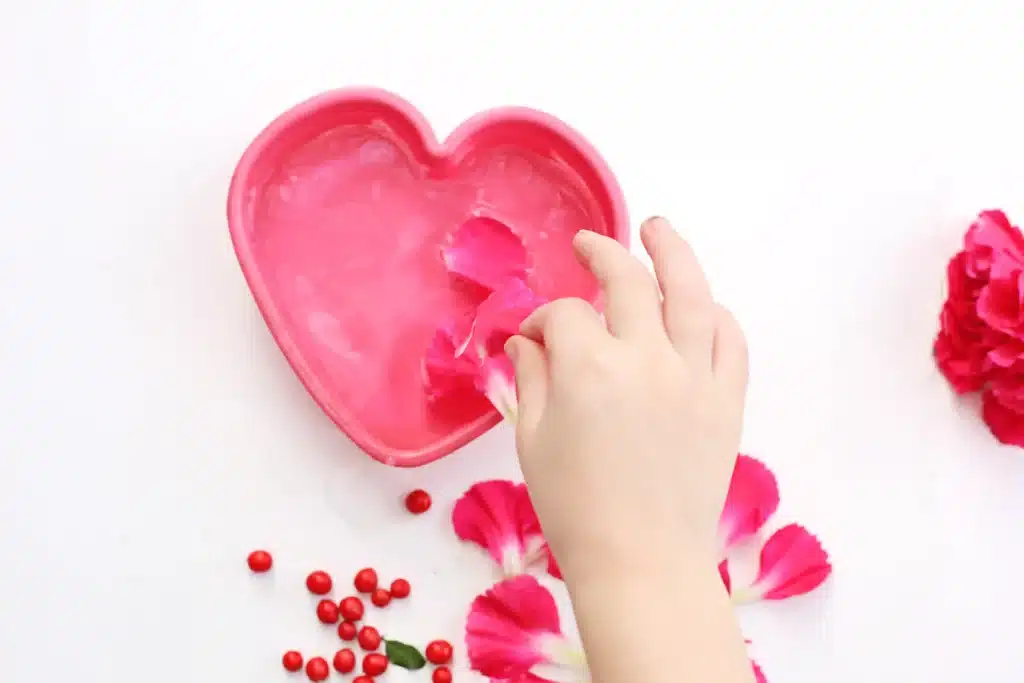Ice Heart Suncatchers - Cultivating Brilliant Minds water in a heart mold and a kid adding in petals