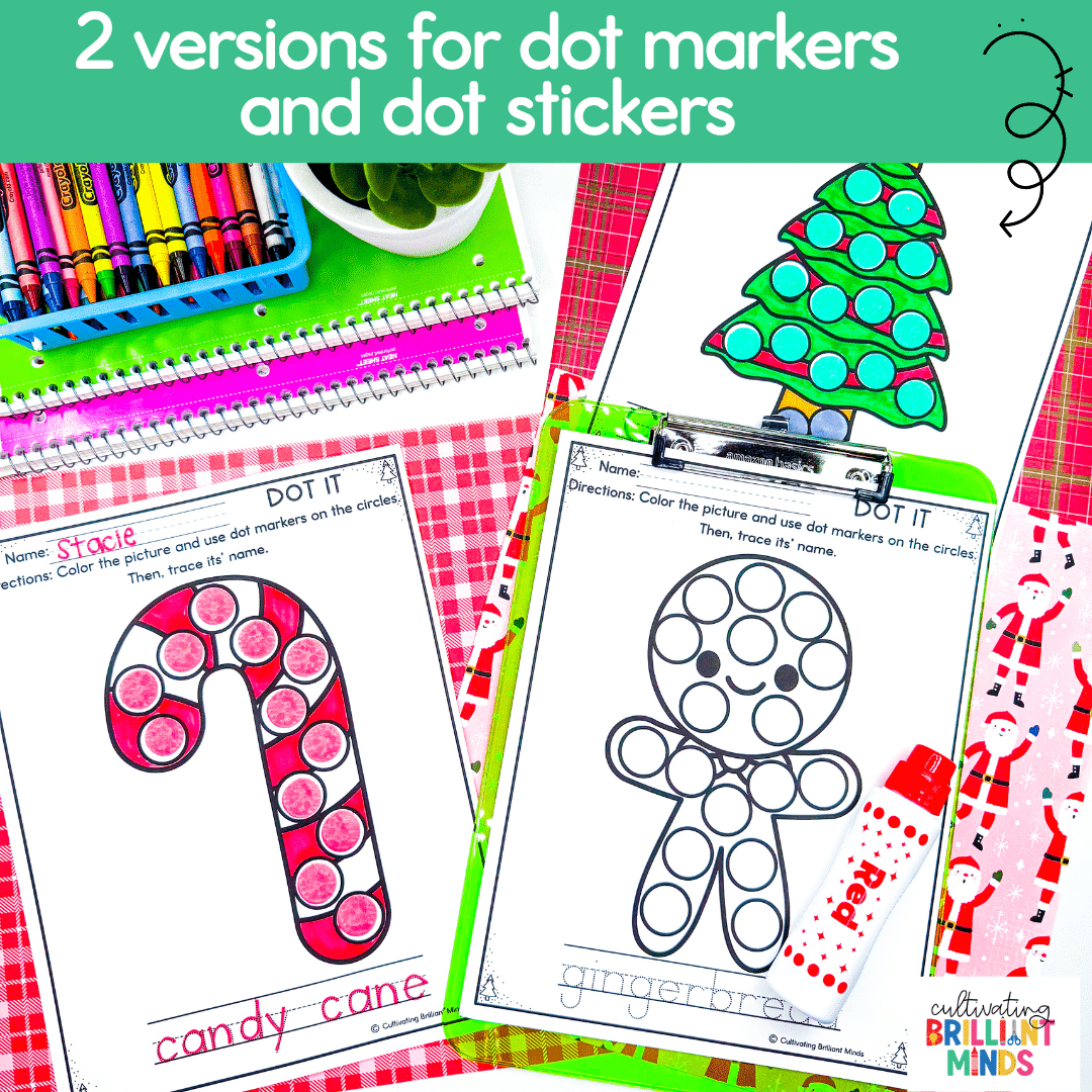 Christmas Dot Markers - Cultivating Brilliant Minds worksheets that have christmas-themed images on them with circles to use dot markers