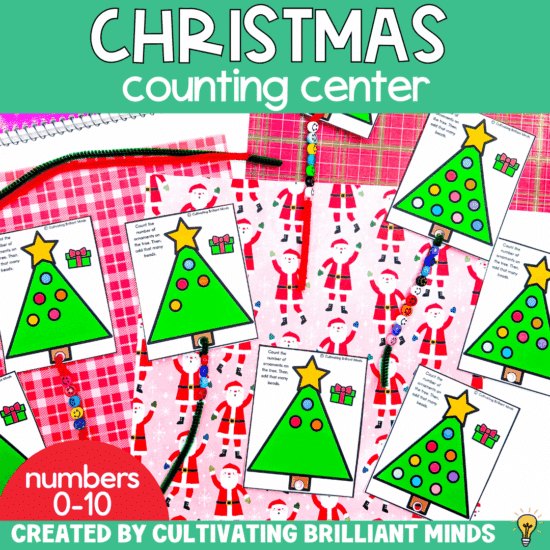 christmas tree cards with different numbers of ornaments to count and a pipe cleaner attached with beads