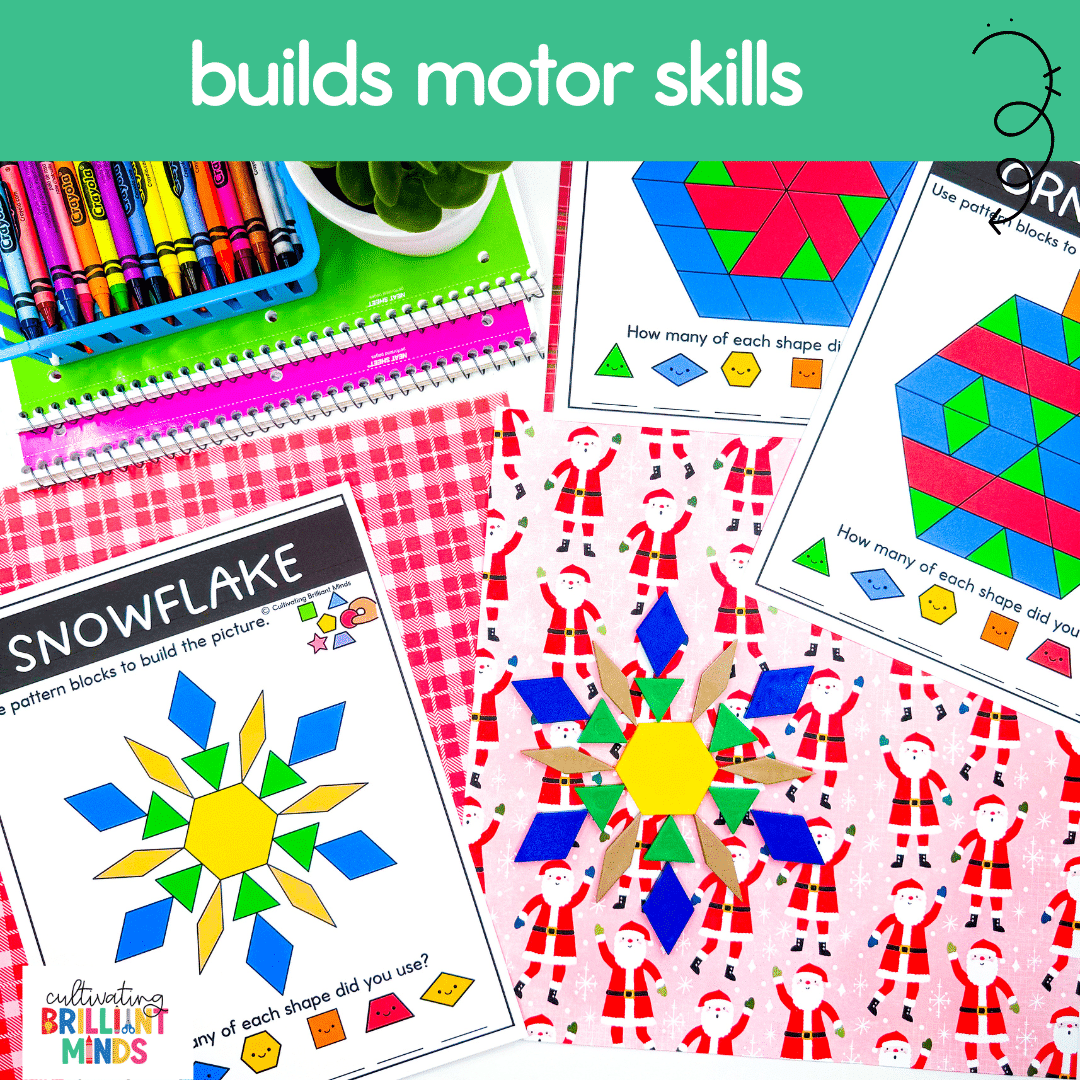 Christmas Pattern Blocks - Cultivating Brilliant Minds christmas-themed items made out of pattern blocks