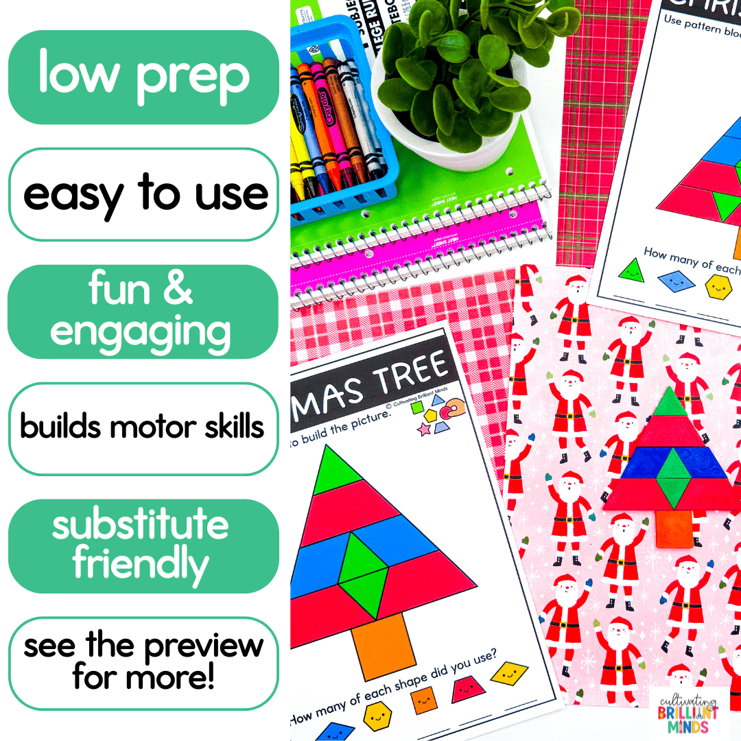 Christmas Pattern Blocks - Cultivating Brilliant Minds christmas-themed items made out of pattern blocks