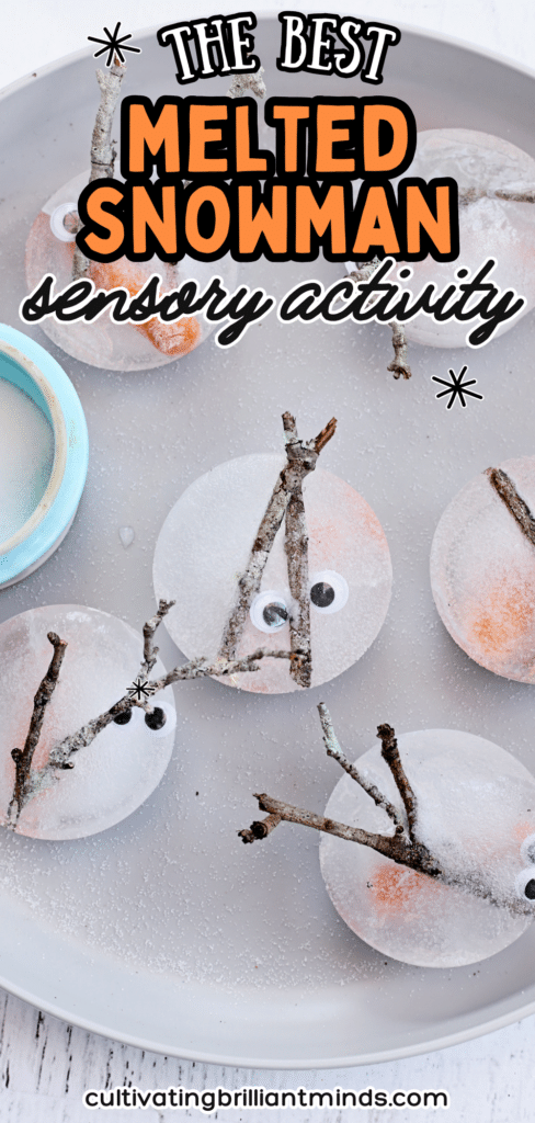 Melting Snowman Sensory Activity - Cultivating Brilliant Minds snowman pieces frozen in ice on a plate