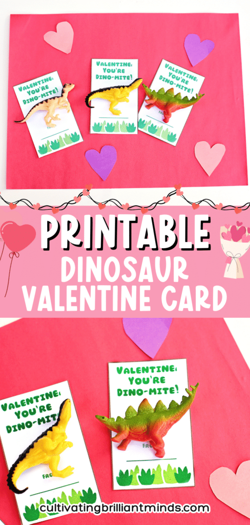 Valentine You're Dino Mite Printable Card - Cultivating Brilliant Minds printable valentine's day card that says "Valentine, you're dino-mite!" with a toy dinosaur