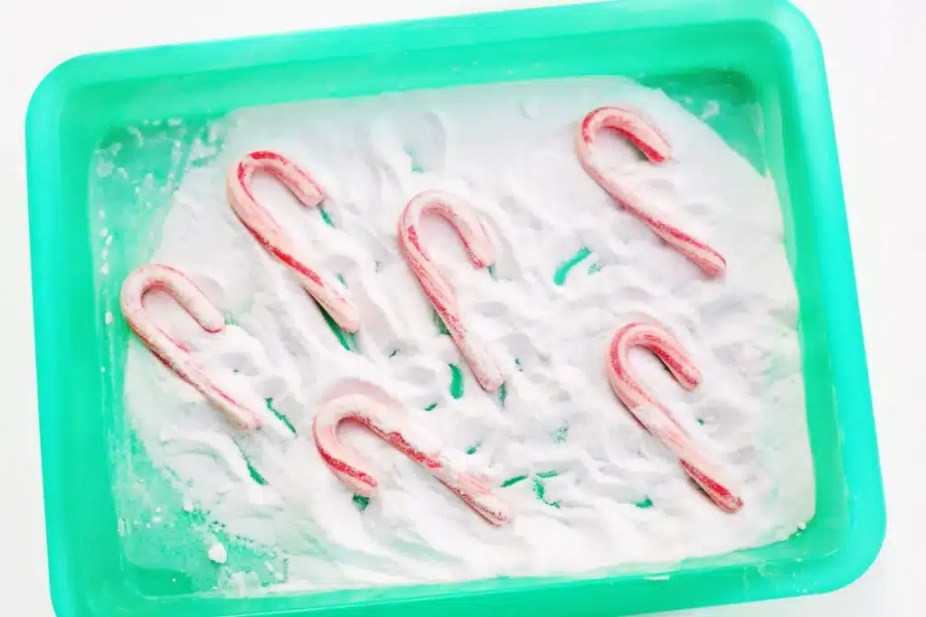 Fizzy Candy Cane Experiment - Cultivating Brilliant Minds candy canes fizzing in baking soda and vinegar
