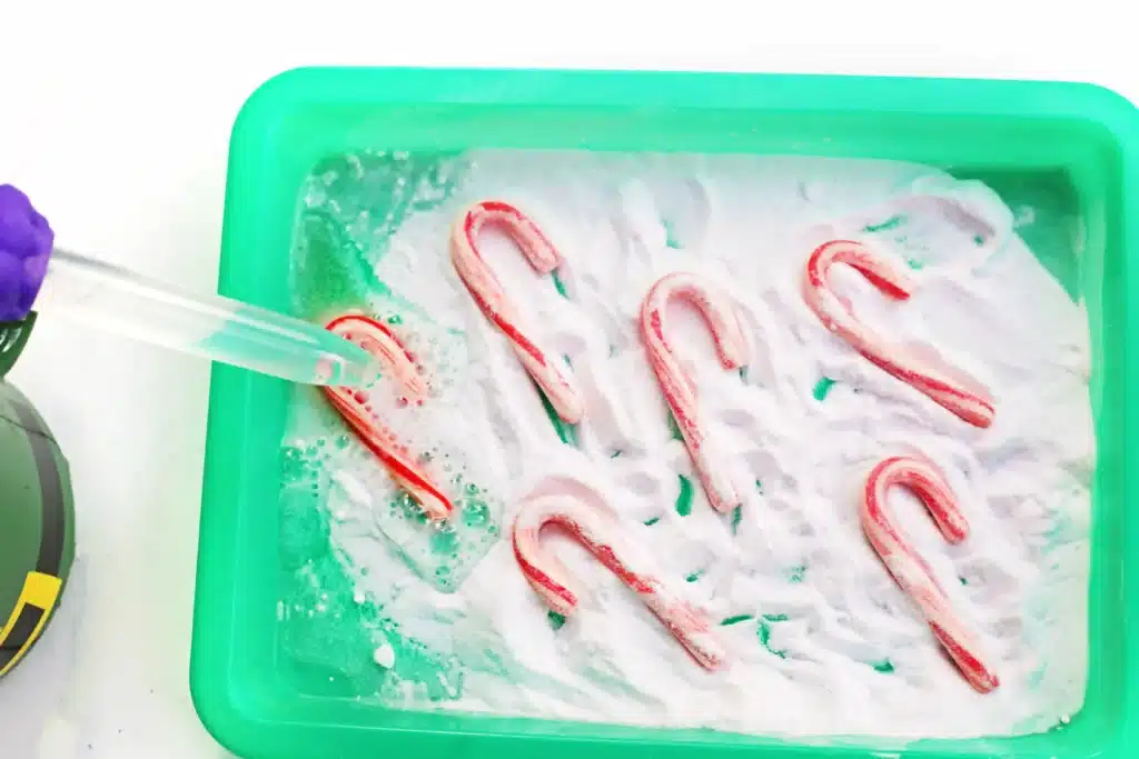 Fizzy Candy Cane Experiment - Cultivating Brilliant Minds candy canes fizzing in baking soda and vinegar