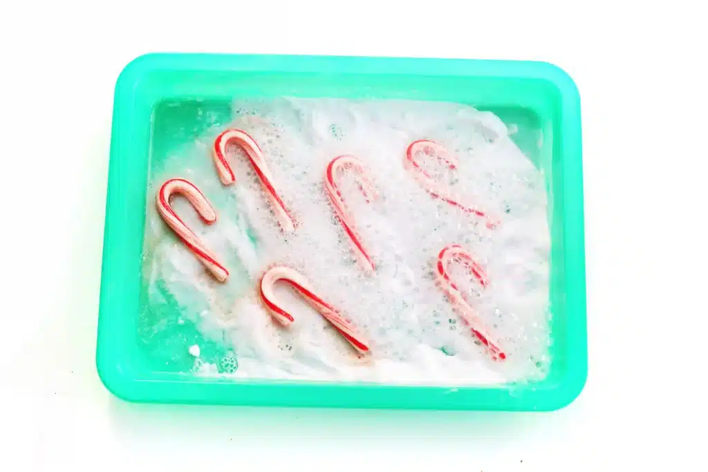 Fizzy Candy Cane Experiment - Cultivating Brilliant Minds candy canes fizzing in baking soda and vinegar
