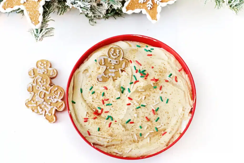 Gingerbread Dip - Cultivating Brilliant Minds gingerbread dip with gingerbread cookies and christmas sprinkles in a bowl