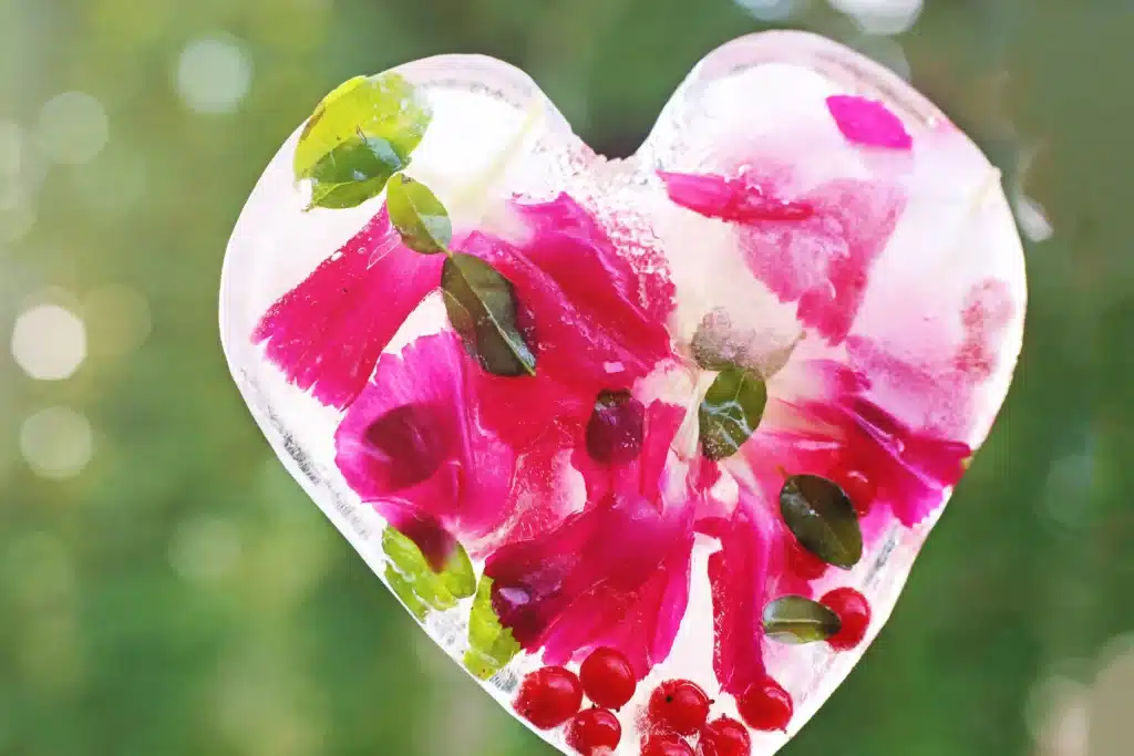 Ice Heart Suncatchers - Cultivating Brilliant Minds ice heart suncatcher made with leaves, petals, and betties