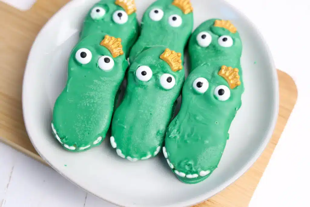 Mardi Gras Nutter Butter Alligators - Cultivating Brilliant Minds mardi gras alligator nutter butters are nutter butters dipped in green melted chocolate and decorated to look like an alligator with a crown