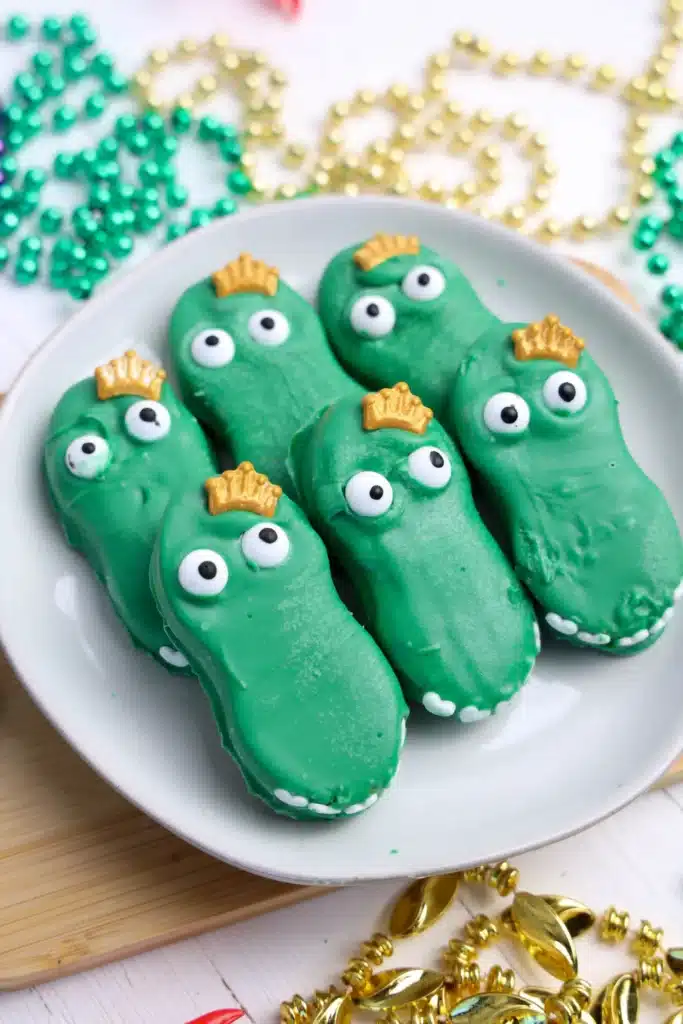 Mardi Gras Nutter Butter Alligators - Cultivating Brilliant Minds mardi gras alligator nutter butters are nutter butters dipped in green melted chocolate and decorated to look like an alligator with a crown
