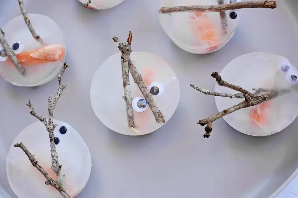 Melting Snowman Sensory Activity - Cultivating Brilliant Minds snowman pieces frozen in ice on a plate