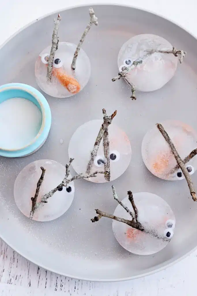 Melting Snowman Sensory Activity - Cultivating Brilliant Minds snowman pieces frozen in ice on a plate