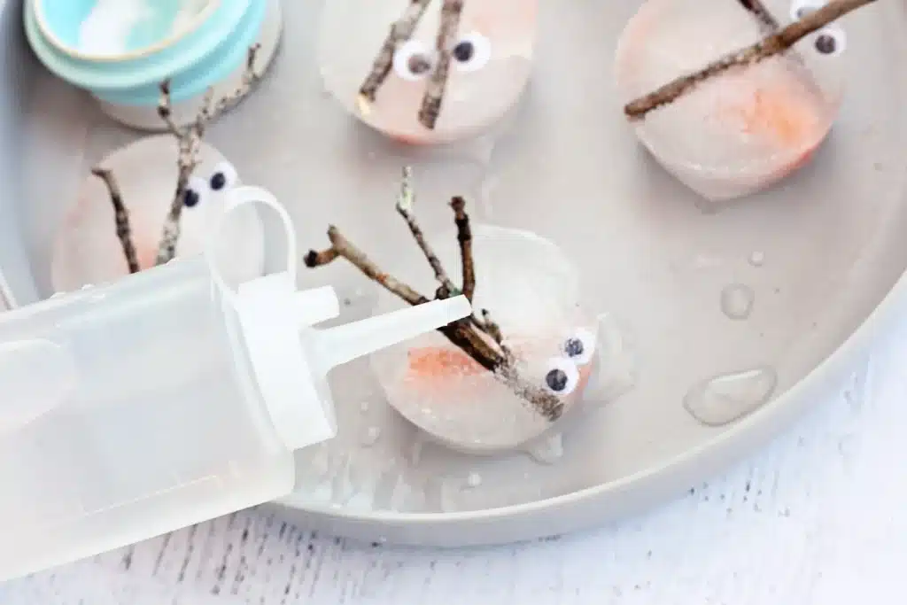 Melting Snowman Sensory Activity - Cultivating Brilliant Minds a kid dropping water over the frozen snowman parts