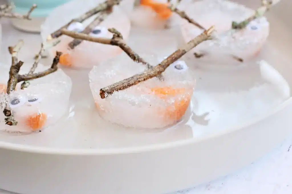 Melting Snowman Sensory Activity - Cultivating Brilliant Minds snowman pieces frozen in ice on a plate