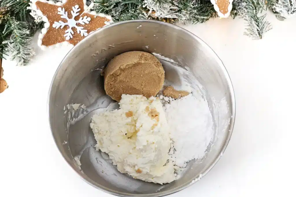 Gingerbread Dip - Cultivating Brilliant Minds cream cheese, brown sugar, and powdered sugar in a mixing bowl