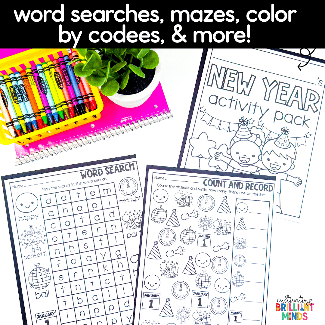New Year Activity Pack - Cultivating Brilliant Minds word searches, mazes, and fun coloring worksheets with a new year theme