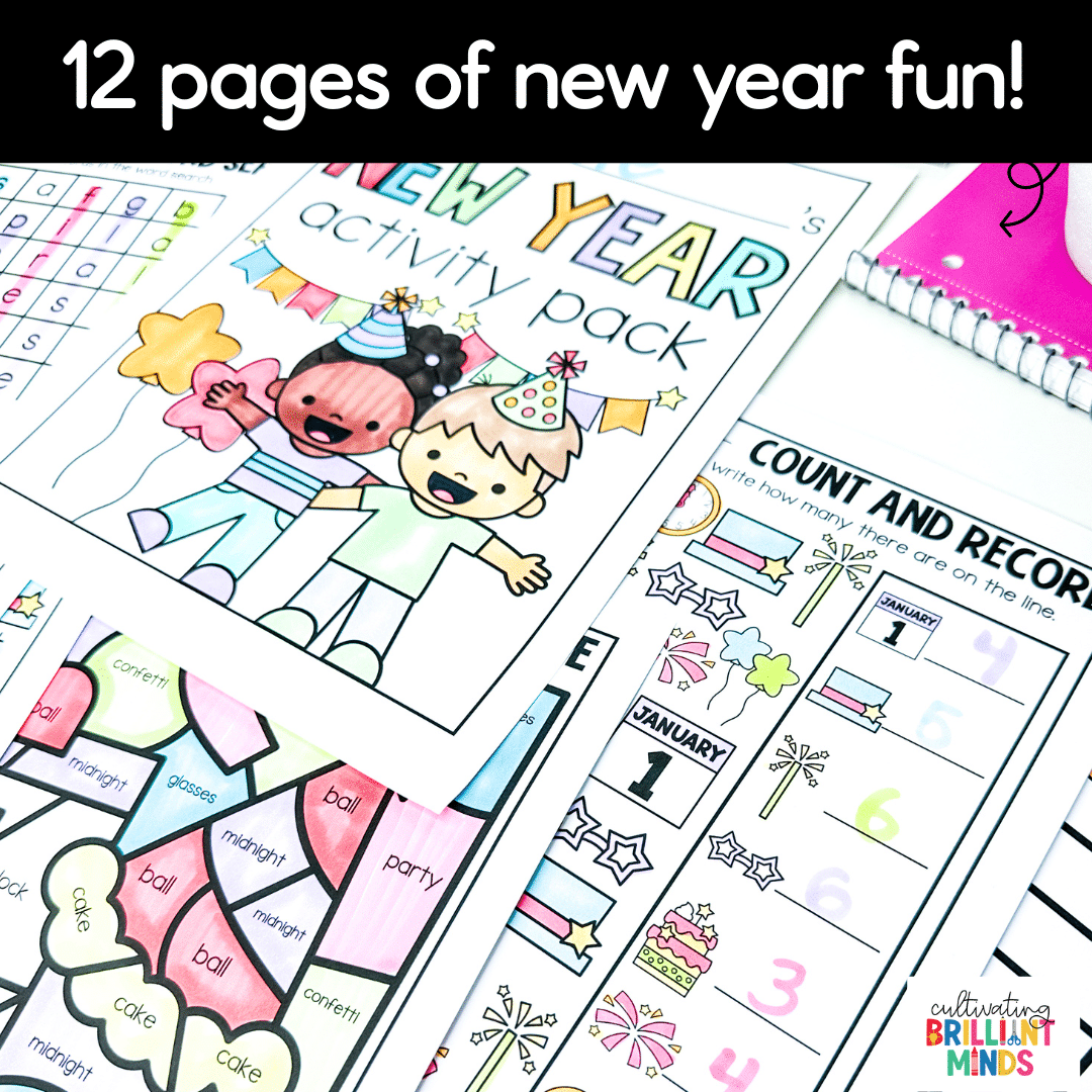 New Year Activity Pack - Cultivating Brilliant Minds word searches, mazes, and fun coloring worksheets with a new year theme