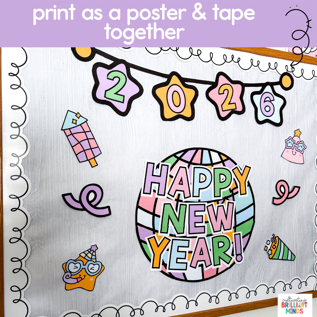 New Year Bulletin Board - Cultivating Brilliant Minds a pastel colored new year bulletin board with a disco ball that reads "happy new year"