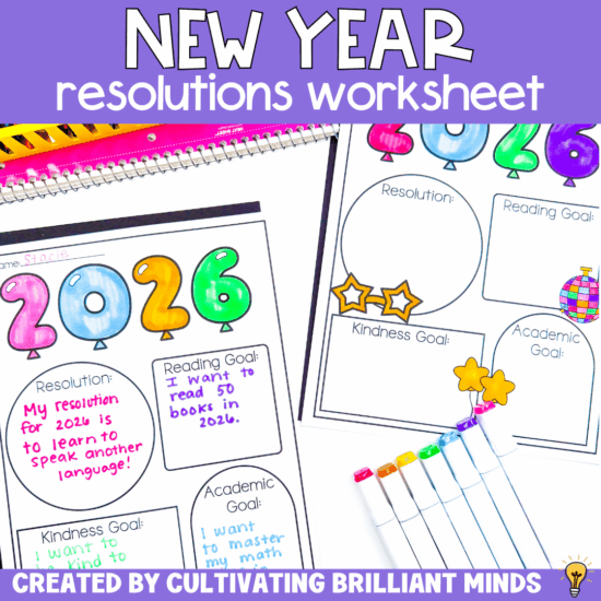 a new year resolution worksheet for kids to write their resolution and goals
