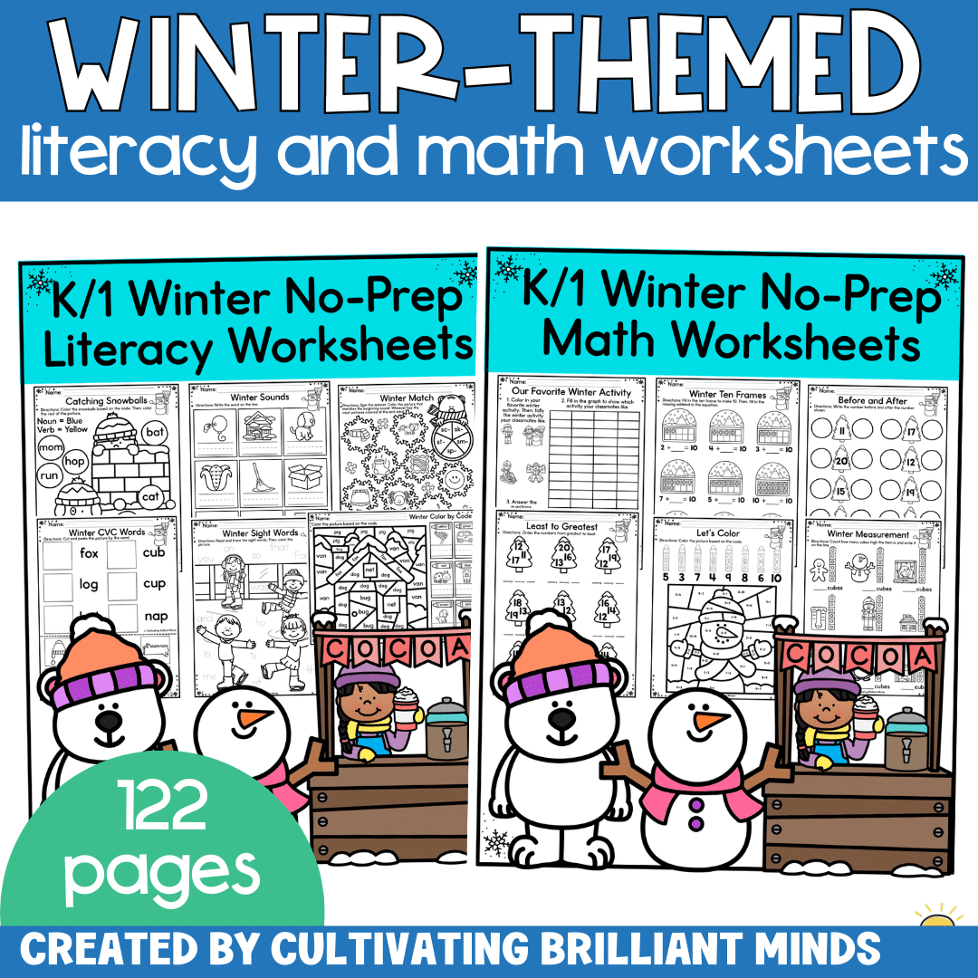 No Prep Winter Literacy Math Worksheets - Cultivating Brilliant Minds