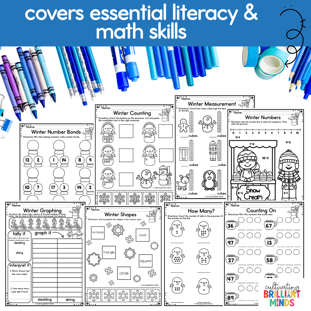 No Prep Winter Literacy Math Worksheets - Cultivating Brilliant Minds literacy and math worksheets for winter