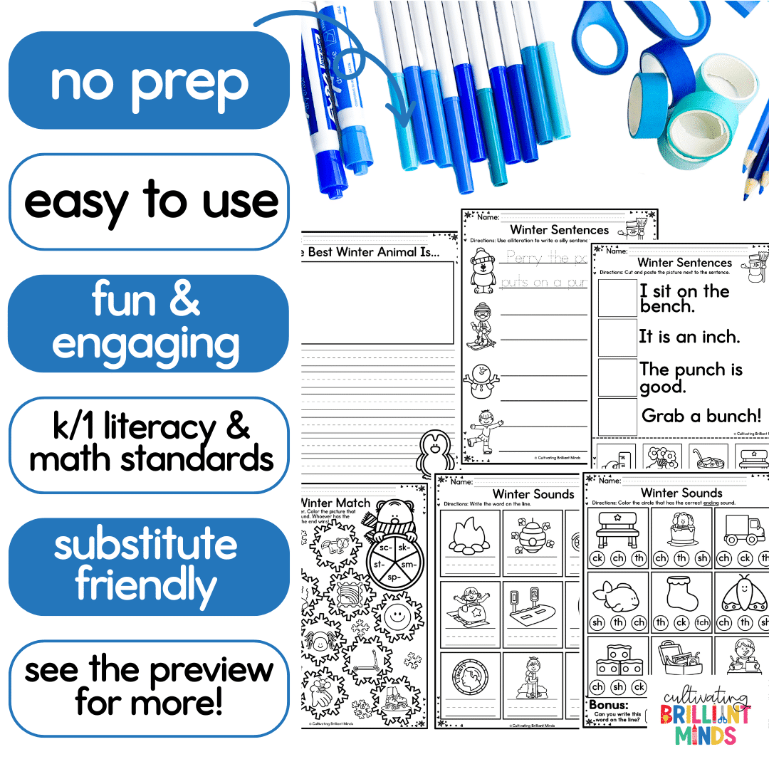 No Prep Winter Literacy Math Worksheets - Cultivating Brilliant Minds literacy and math worksheets for winter