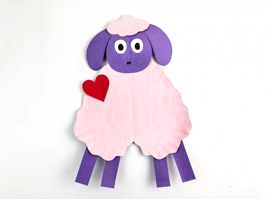 Valentine's Day Sheep Craft - Cultivating Brilliant Minds valentine's day craft for kids: a paper plate cut into a heart and construction paper cut to look like a sheep