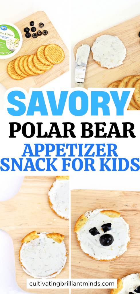 Savory Polar Bear Snacks - Cultivating Brilliant Minds crackers with cream cheese and olives to look like a polar bear
