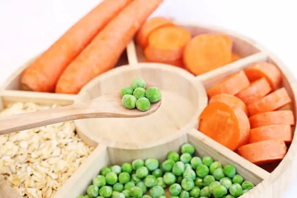 Reindeer Bait Sensory Bin - Cultivating Brilliant Minds a reindeer sensory bin filled with rolled oats, sliced carrots, and peas