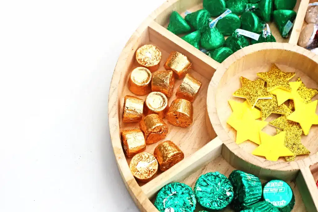 Candy Christmas Tree - Cultivating Brilliant Minds rolos, reeses candies, christmas hershey kisses and star stickers