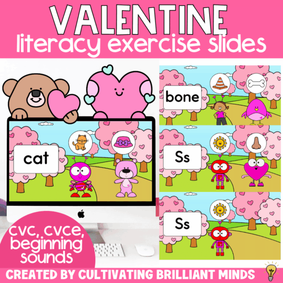 a valentine's themed game where students practice literacy skills and do different exercises