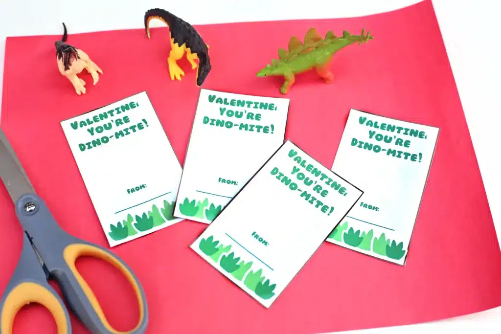 Valentine You're Dino Mite Printable Card - Cultivating Brilliant Minds printable valentine's day card that says "Valentine, you're dino-mite!" with a toy dinosaur