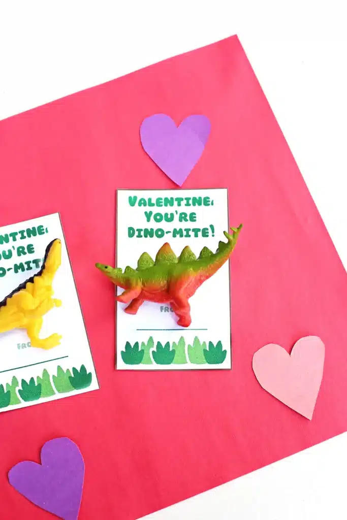 Valentine You're Dino Mite Printable Card - Cultivating Brilliant Minds printable valentine's day card that says "Valentine, you're dino-mite!" with a toy dinosaur