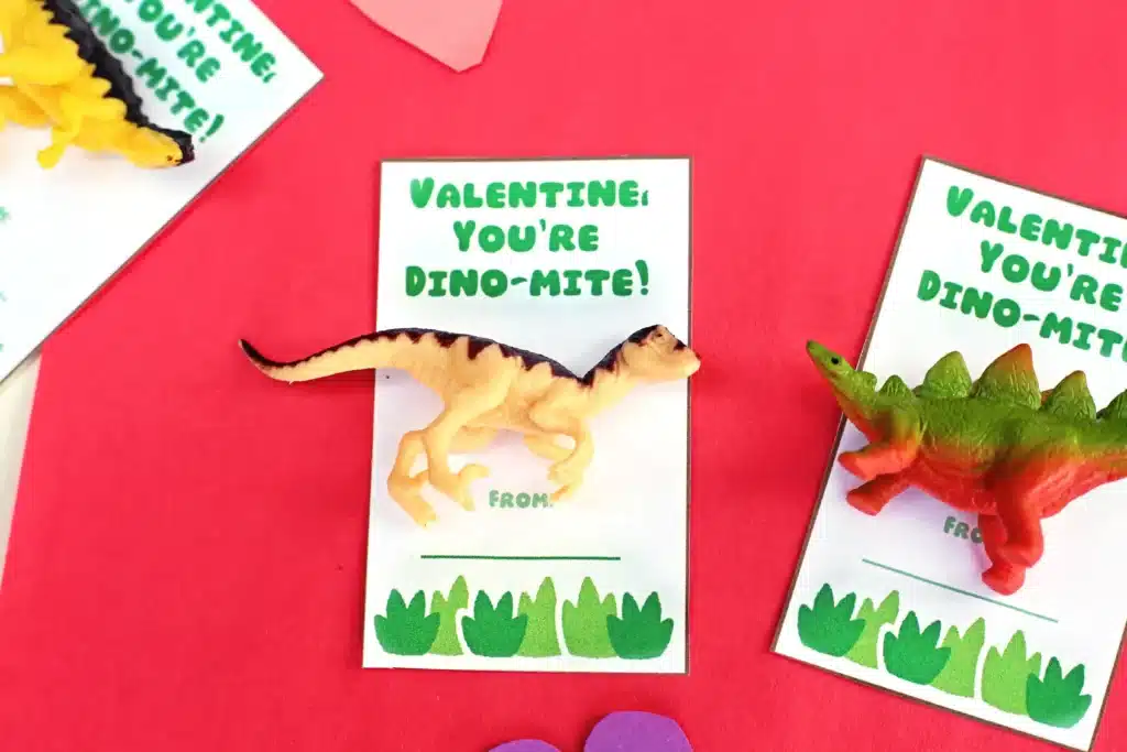 Valentine You're Dino Mite Printable Card - Cultivating Brilliant Minds printable valentine's day card that says "Valentine, you're dino-mite!" with a toy dinosaur